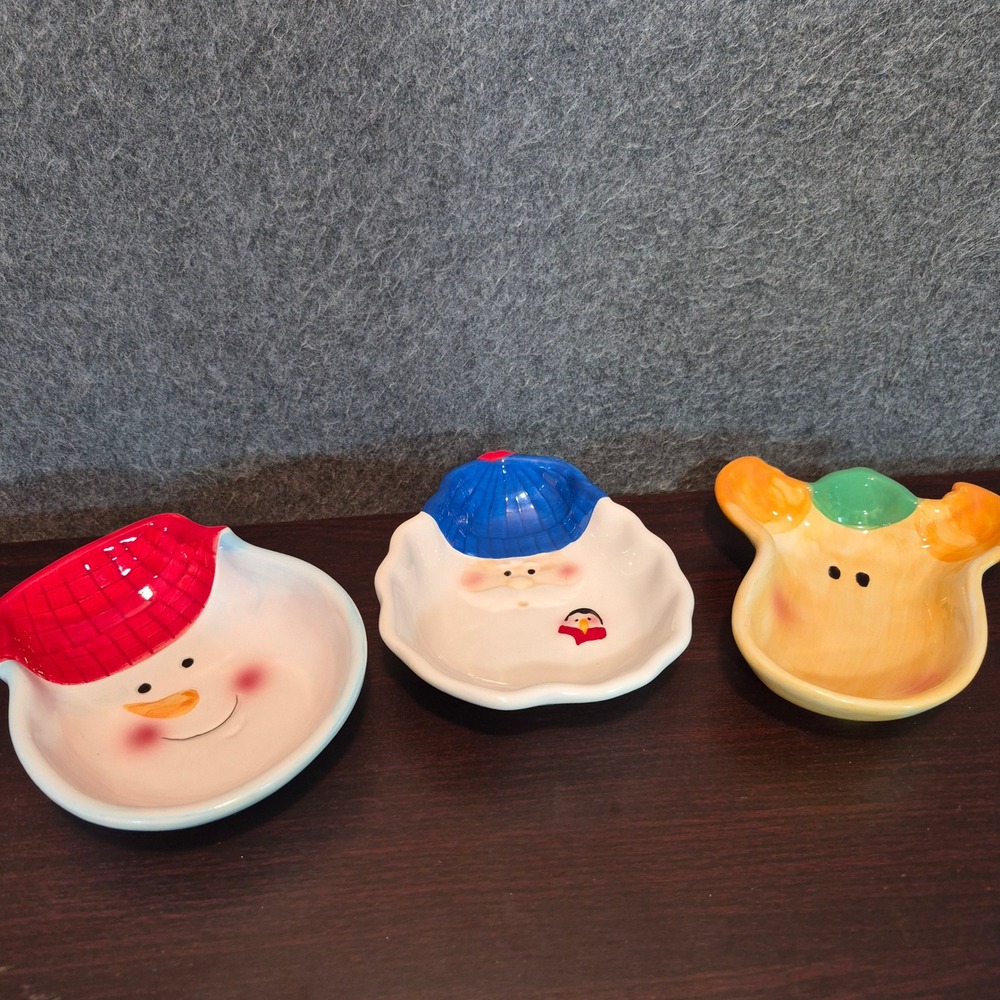 Set of 3 Hand-Painted Ceramic Holiday Candy Dishes Snowman Santa Reindeer